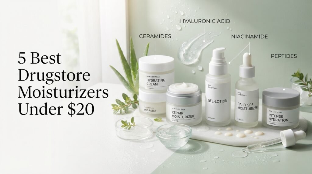 Illustration of the best drugstore moisturizers under $20 with hydrating skincare ingredients.