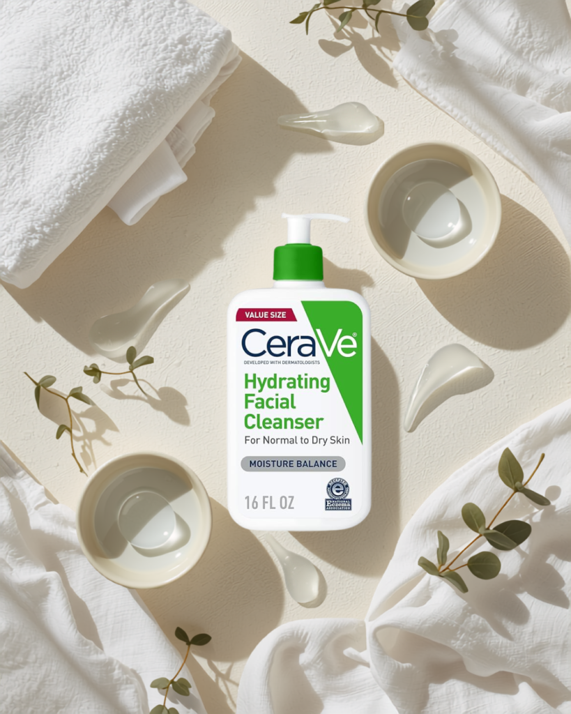CeraVe Hydrating Cleanser for dry and sensitive skin on a white marble bathroom counter.