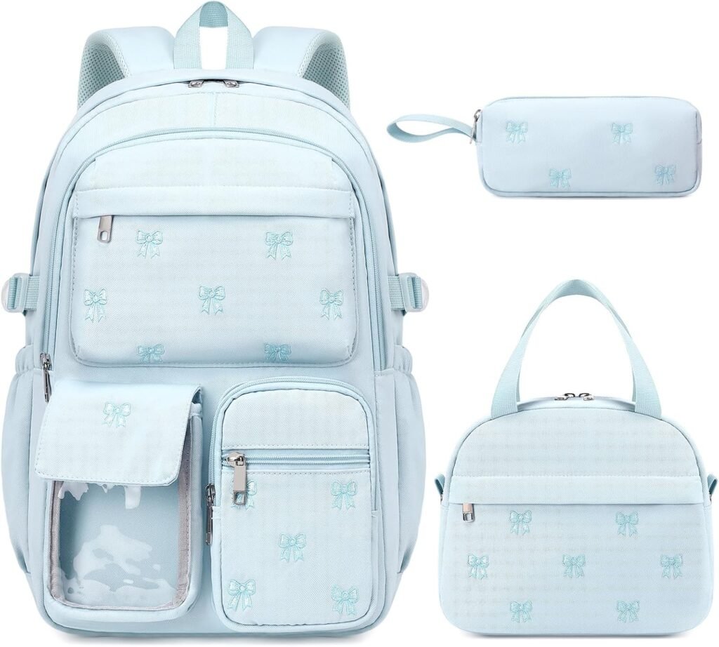 ACESAK 3PCS Embroidered Girls Backpack with Lunch Bag Set,Blue Bow